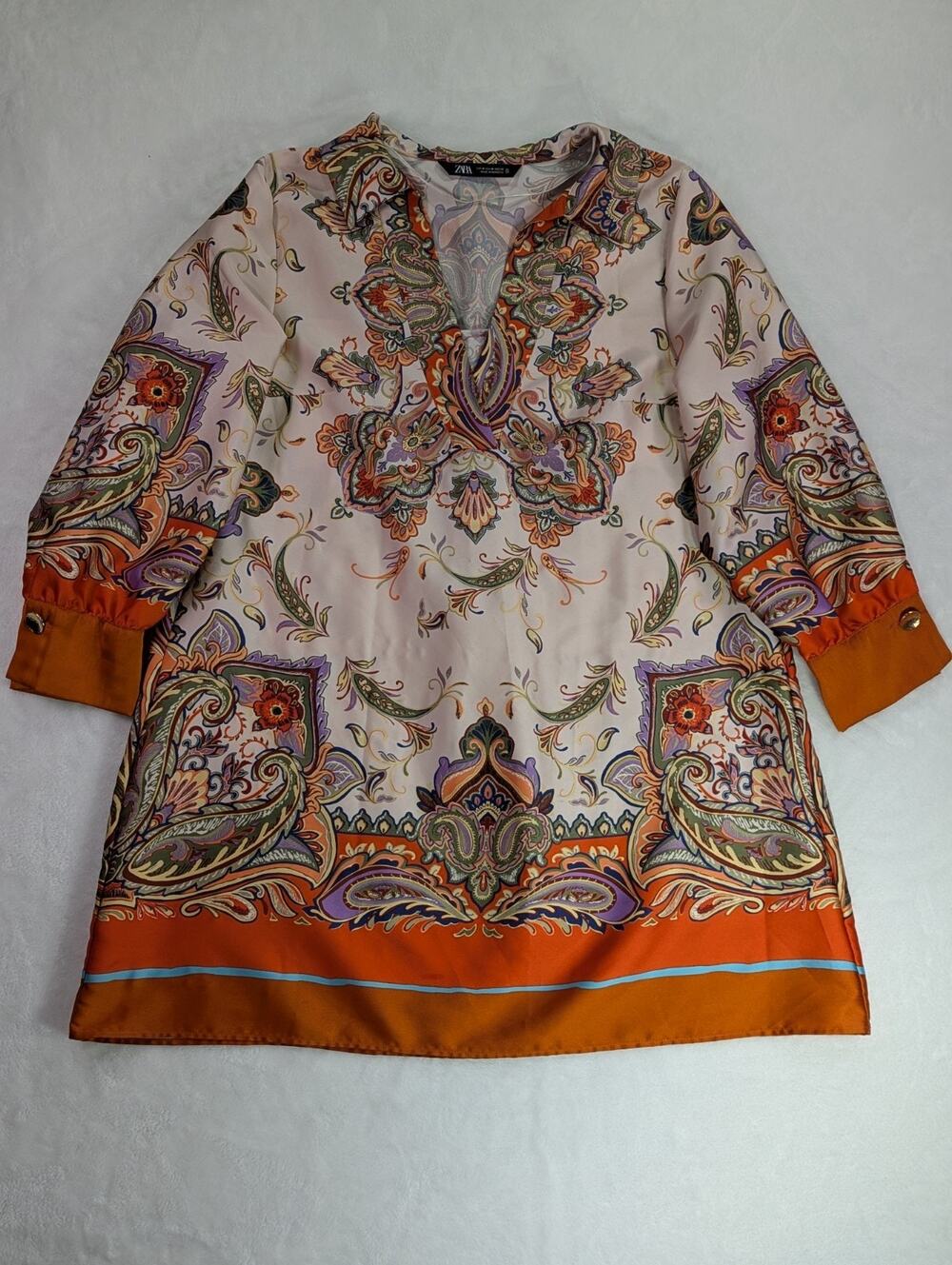 Zara Womens M Paisley Tunic Shift Mini Dress Orange Multicolored Boho Satin